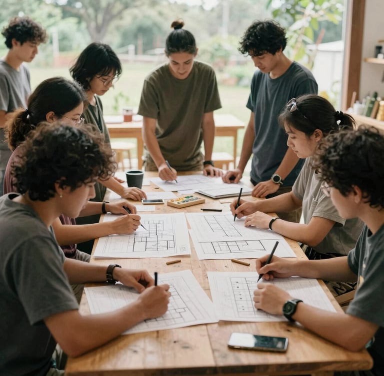 A wide environmental shot of a collaborative community workshop, people gathered around a wooden table with architectural plans, soft diffused natural daylight, rich muted earth tones, authentic 35mm film style.