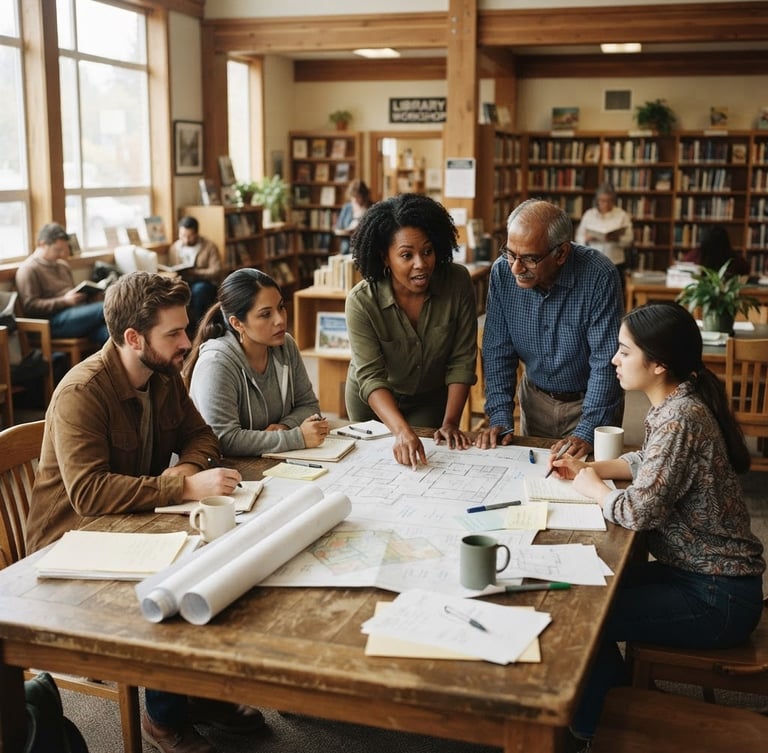 A wide-angle environmental photograph of a collaborative community workshop in a sunlit local library, diverse organizers gathered around a wooden table with architectural blueprints, soft diffused natural daylight, rich muted earth tones, 35mm film style.