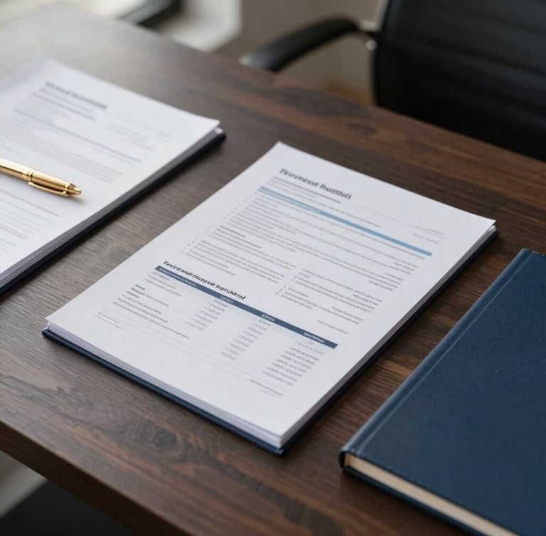 Clean overhead shot of a modern dark wood desk with structured financial documents, a gold pen, soft morning natural daylight, deep navy accents, professional 35mm photography