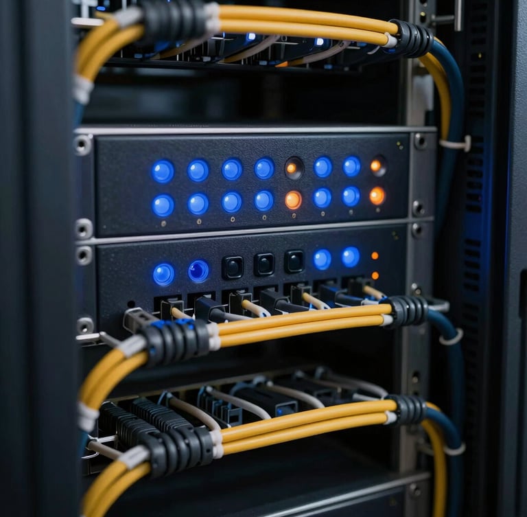 Macro shot of a clean server rack with blue and orange indicator lights, structured cabling, crisp daylight, macro lens