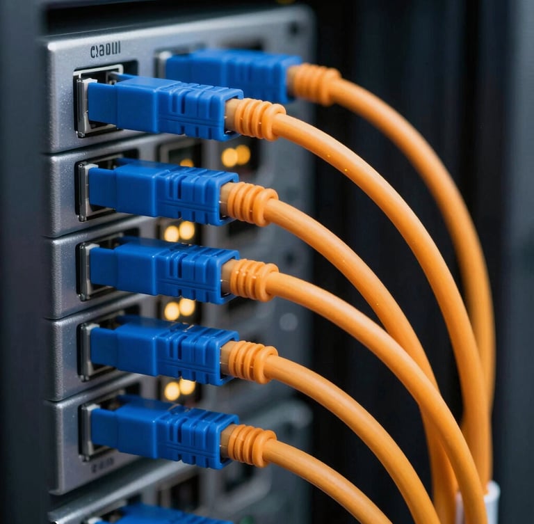 Crisp editorial macro shot of clean server rack cabling, structured blue and orange Ethernet lines, subtle hardware status lights glowing in a professional data center.