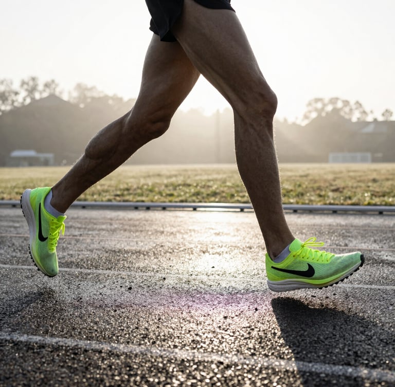 Low angle dynamic athletic photography of a runner's legs in motion on a wet asphalt track at sunrise, high contrast desaturated tones with neon green accents, 35mm lens