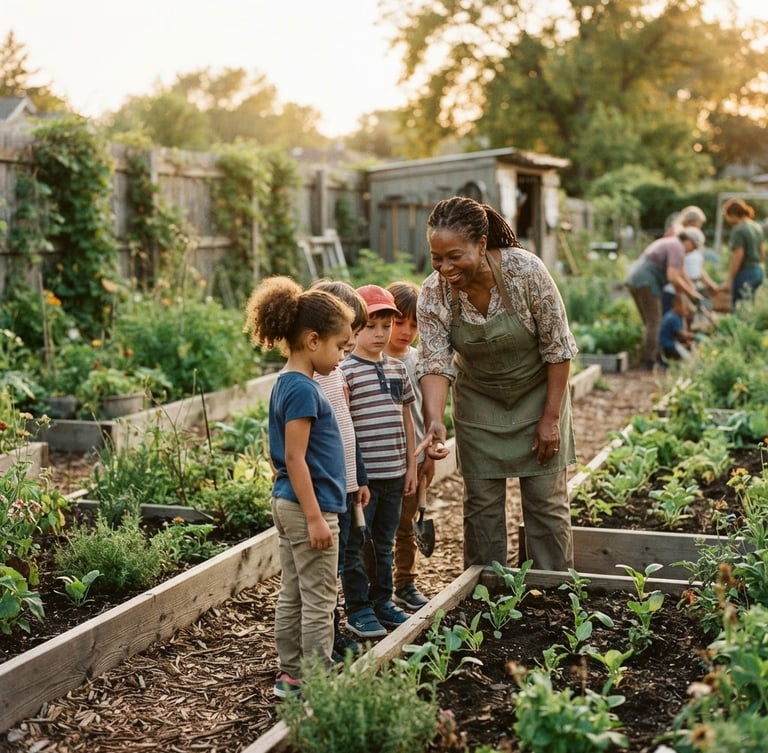 A medium shot of a local community leader guiding children through a newly planted community garden, warm golden-hour daylight, soft focus, rich earthy tones, 35mm lens.