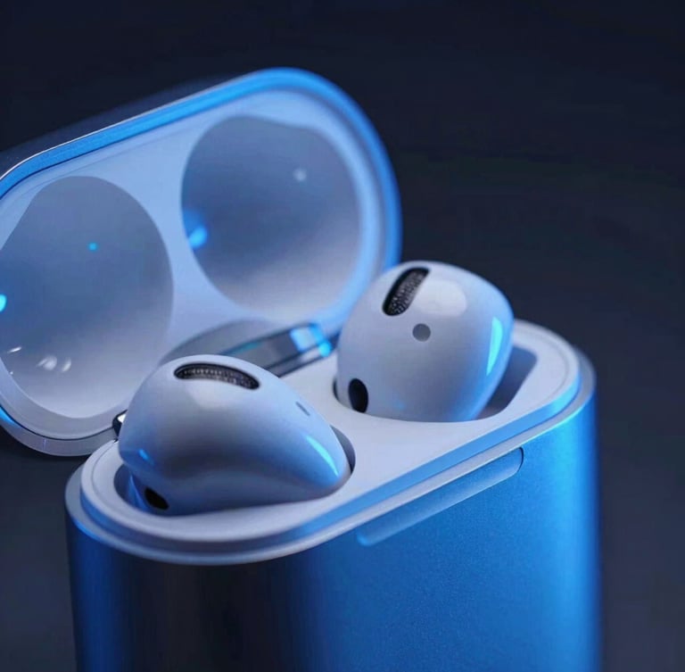 Extreme close-up macro shot of a sleek metallic wireless earbud charging case reflecting sharp neon-blue studio light, dark obsidian background, high-key reflections