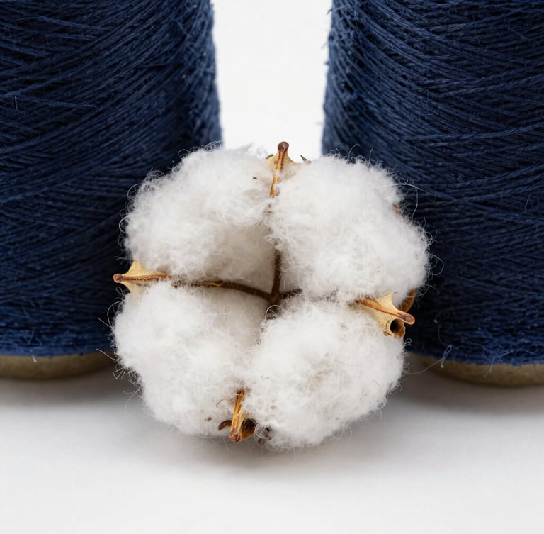 Close-up macro shot of organic cotton fibers and recycled yarn spool, bright clean natural daylight, high contrast texture, premium corporate photography