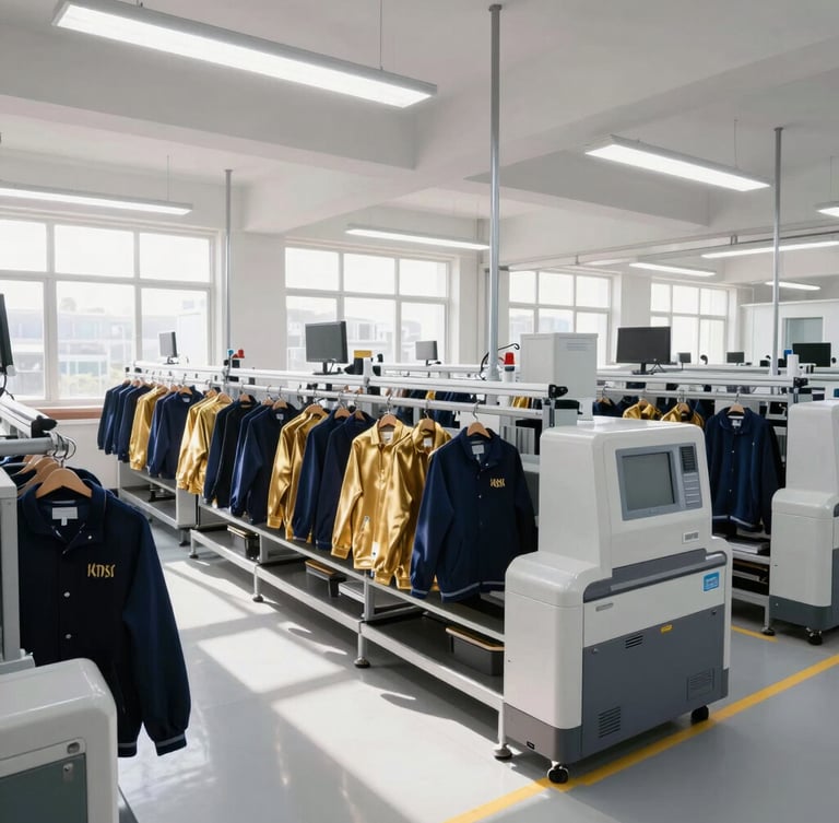 An architectural wide shot of a clean, highly organized apparel production line with modern machinery and bright daylight streaming through windows.
