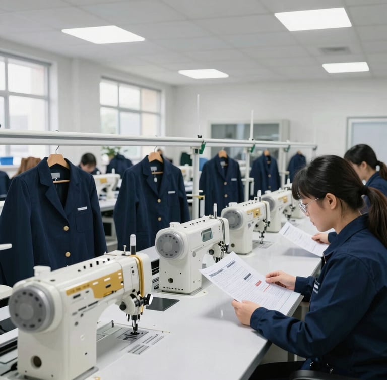Bright, clean, modern apparel factory interior with organized production lines, high-end sewing machinery, professional inspectors reviewing technical spec sheets under natural daylight.