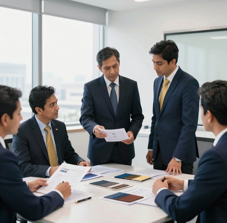 A clean, bright corporate office meeting in Dhaka, professional procurement officers reviewing technical apparel spec sheets and fabric samples under natural daylight, editorial style.