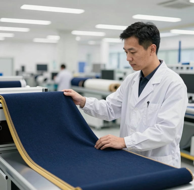 A professional quality control inspector in a bright, modern textile facility checking a deep navy knit fabric under clean daylight, medium shot.