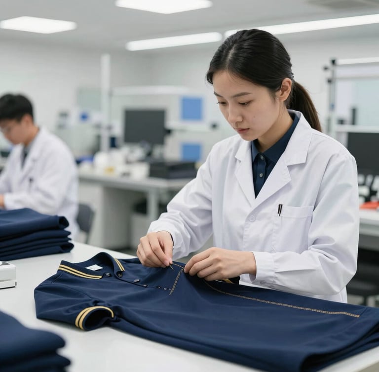 A professional quality control inspector in a bright, clean apparel facility meticulously examining the stitching of a navy blue garment under clear studio lighting.