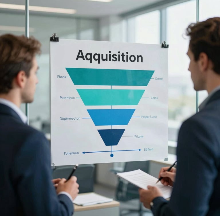 Focused professionals whiteboarding an acquisition funnel layout on a glass wall, cool natural daylight, sharp focus, 35mm lens.