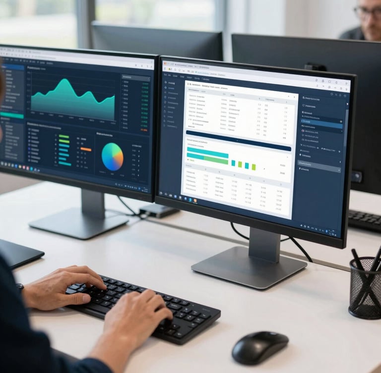 A collaborative workspace with clean desktop setups, dual monitors showing analytics dashboards, cool daylight, sharp focus.