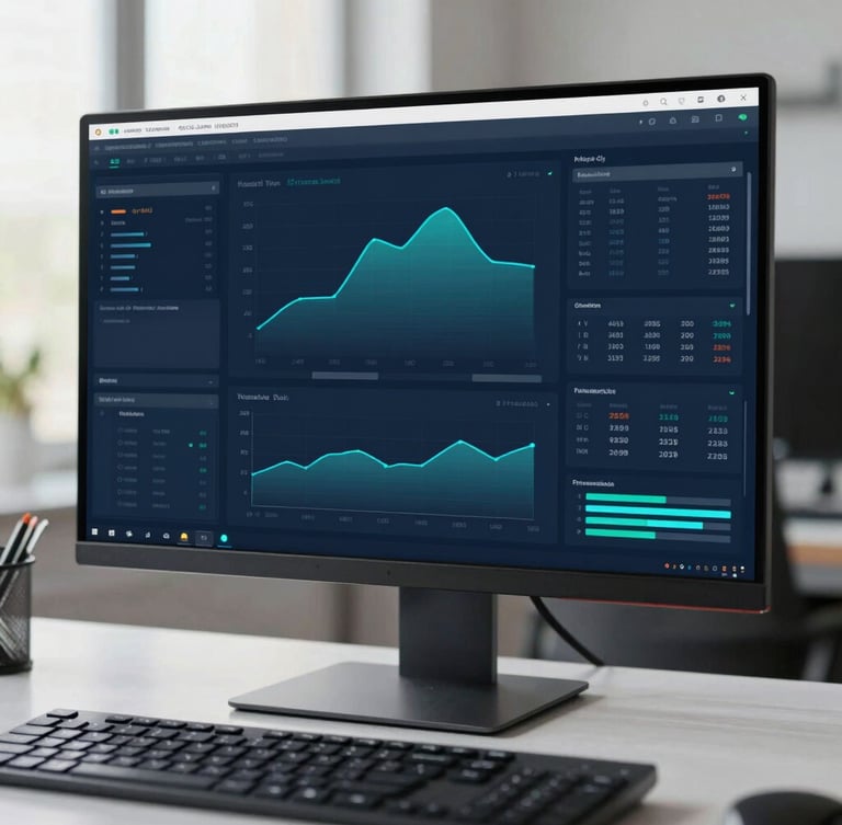 Crisp editorial photo of a clean desktop setup with a large monitor displaying real-time analytics dashboards, cool natural daylight, deep blue tones.