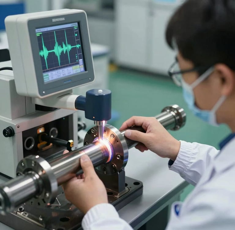 A quality inspector in cleanroom uniform using a high-precision ultrasonic flaw detector on a steel axle weld, screen displaying wave patterns, sharp focus.