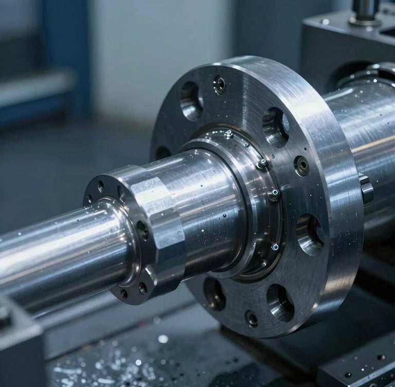 Heavy-duty CNC machine processing a metallic trailer axle flange under sharp spotlight, metallic texture, cool blue and grey industrial light.