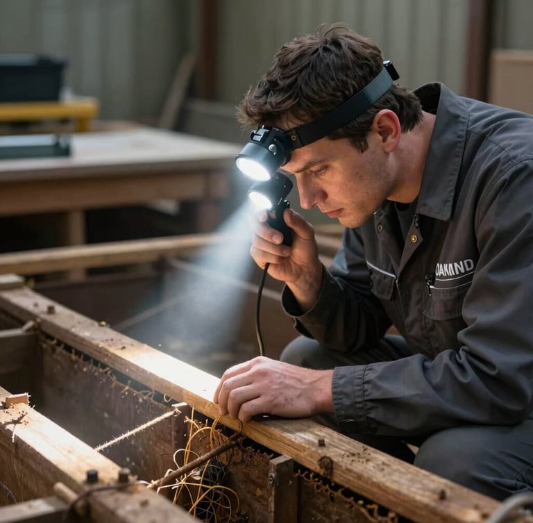 High-contrast macro shot of a professional technician in clean branded charcoal gear using a bright headlamp beam to inspect a historic Oakland craftsman foundation crawlspace, early morning light.