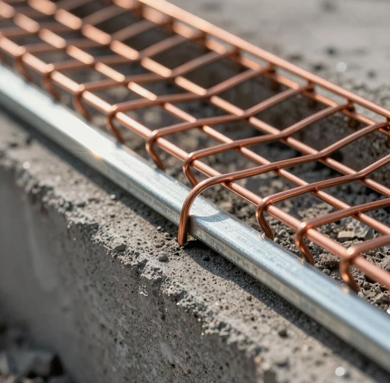 Macro shot of heavy-duty copper mesh and steel flashing installed tightly into a concrete foundation gap, high-contrast early morning light.