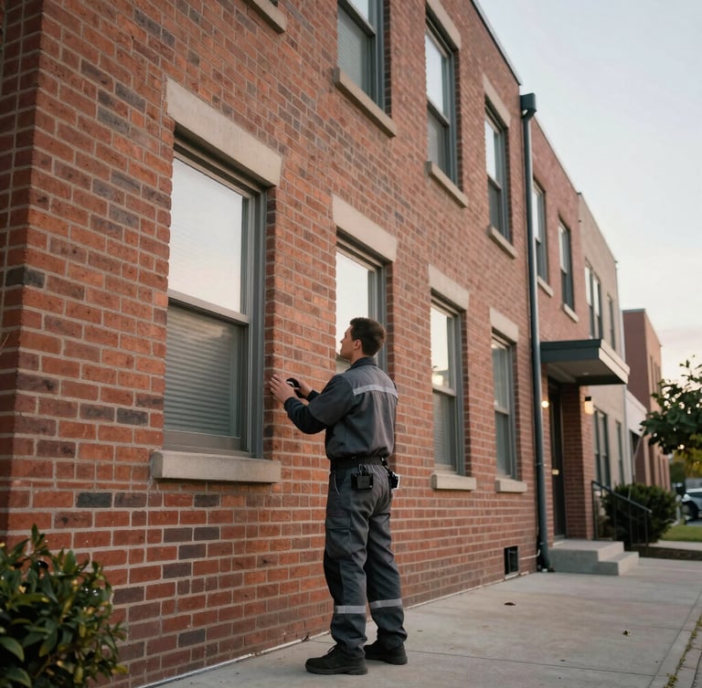 Wide shot of a professional technician in clean charcoal utility gear inspecting the exterior brickwork of an Oakland multi-unit residential building, early morning daylight.