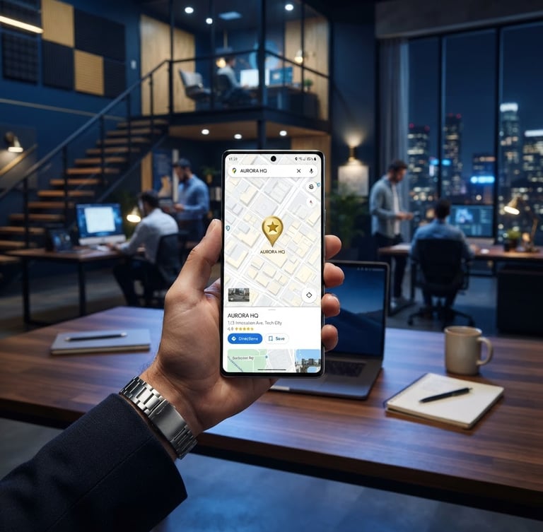 Wide panoramic shot of a modern, high-tech workspace with a mobile phone displaying a Google Maps interface prominently in the foreground, showing a business listing with a gold pin. Crisp studio lighting, subtle blue and gold ambient reflections, sharp focus.