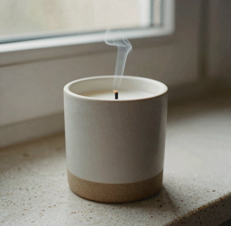 Close-up of a minimalist ceramic candle vessel on a raw travertine surface, soft morning window light, gentle wisp of smoke rising from the wick, shallow depth of field, 35mm film texture