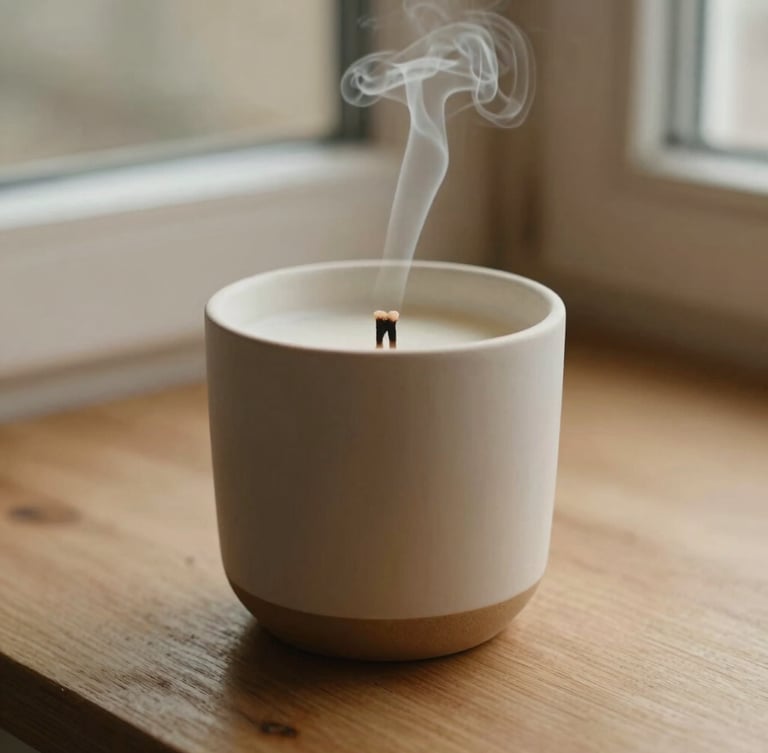 Close-up of a minimalist ceramic candle vessel on a raw wooden surface, soft morning window light, delicate wisp of smoke rising from the wick, warm sand tones