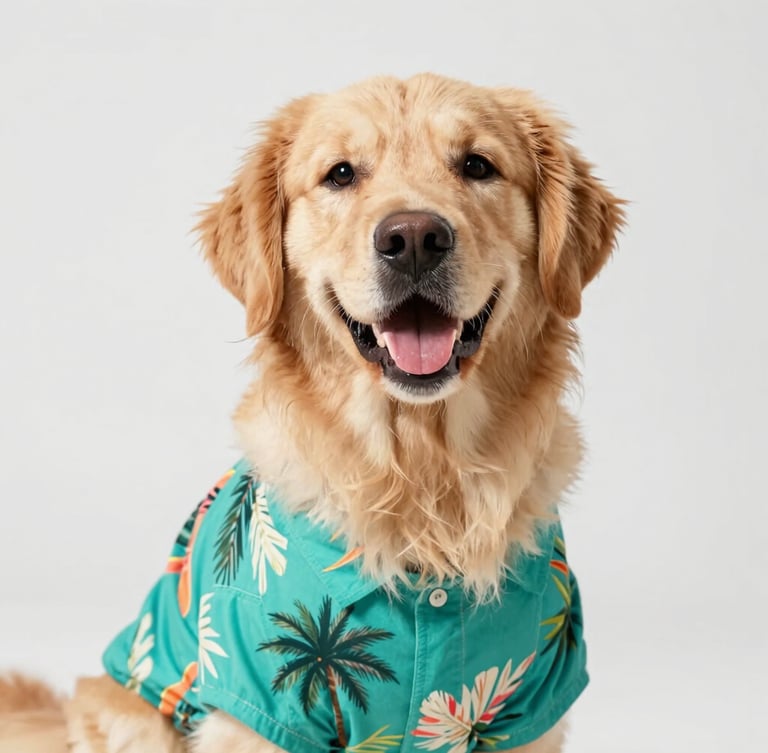 Eye-level shot of a happy golden retriever wearing a vibrant tropical teal shirt, bright natural daylight, clean light-gray background, shallow depth of field.