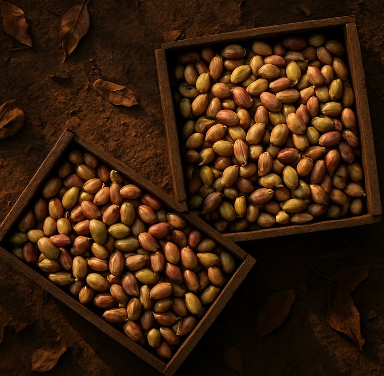 Overhead flat-lay of sunlit Mediterranean orchard soil with dry leaves and raw pistachio harvests in wooden crates, warm golden hour light