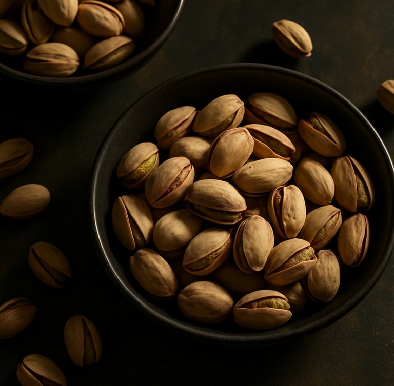 Overhead flat-lay of raw pistachio harvest in elegant dark ceramic bowls, warm sunlit highlights, rich textures, professional editorial food photography