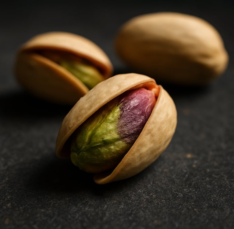 Dramatic close-up of premium open pistachio shells on a dark stone surface, side lighting highlighting the vibrant green and purple kernel inside, editorial food photography