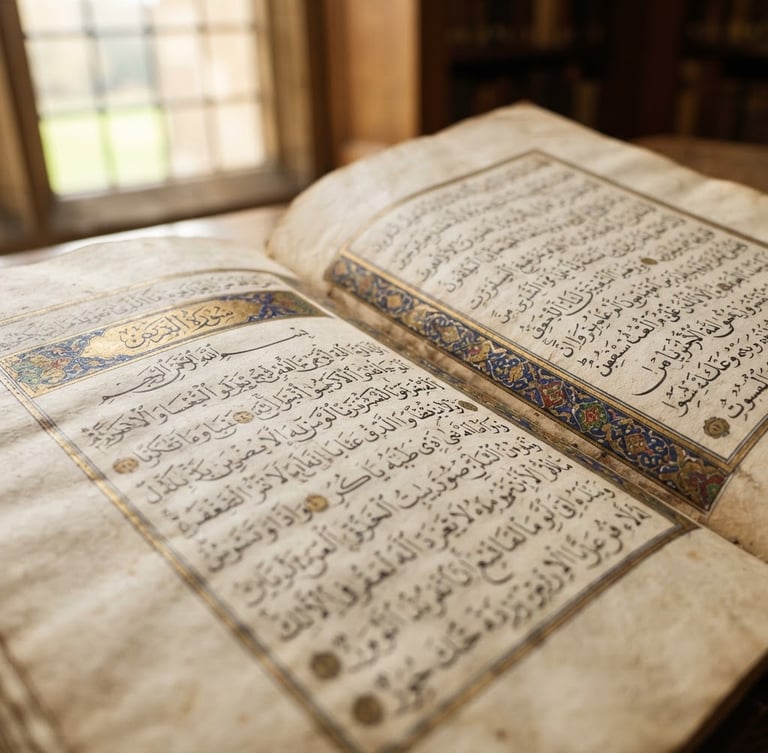 Macro close-up shot of an open ancient Arabic manuscript, detailed ink calligraphy on textured aged parchment paper, warm soft side light from a library window, shallow depth of field, 35mm