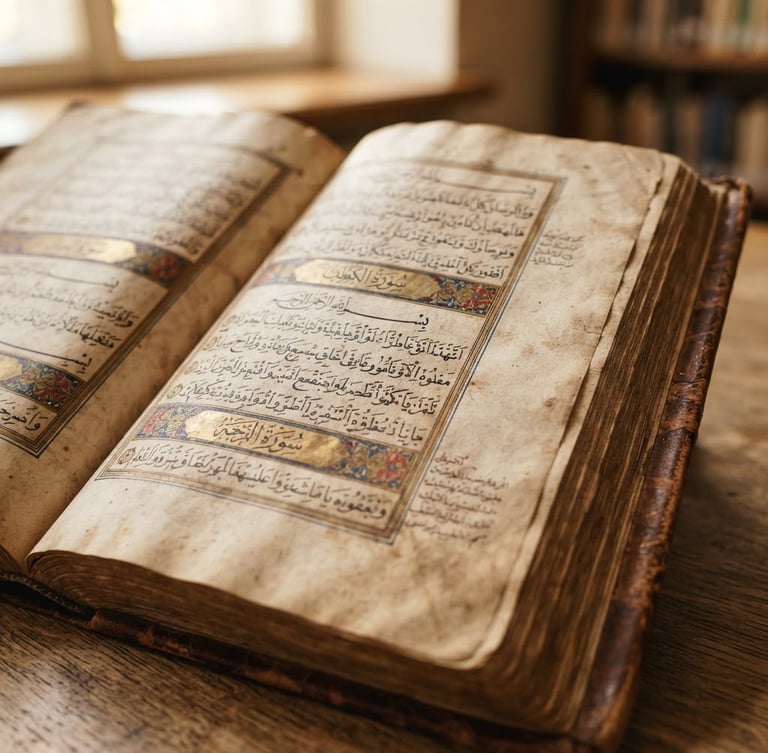 Macro close-up of a thick leather-bound classical Arabic manuscript with textured parchment pages, soft warm library window light, shallow depth of field, 35mm