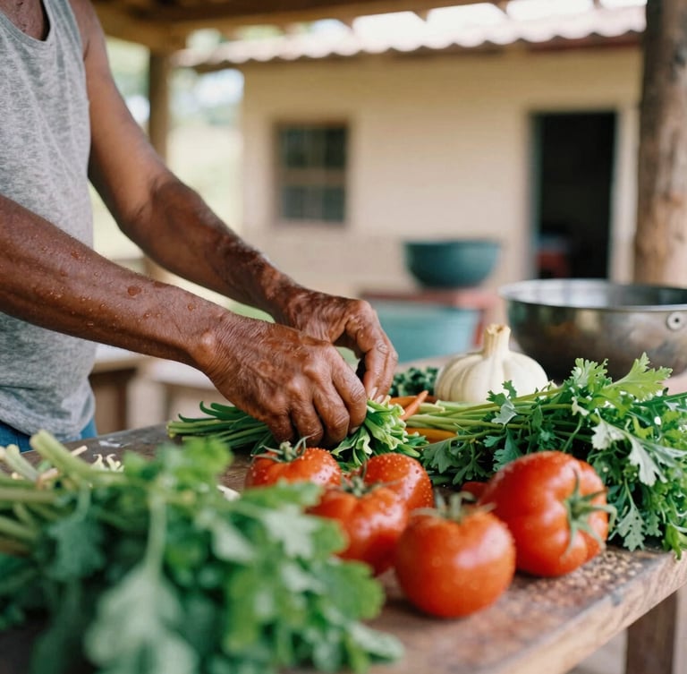 Candid shot of hands preparing fresh vegetables in a rustic community kitchen, warm morning light, authentic Brazilian neighborhood setting