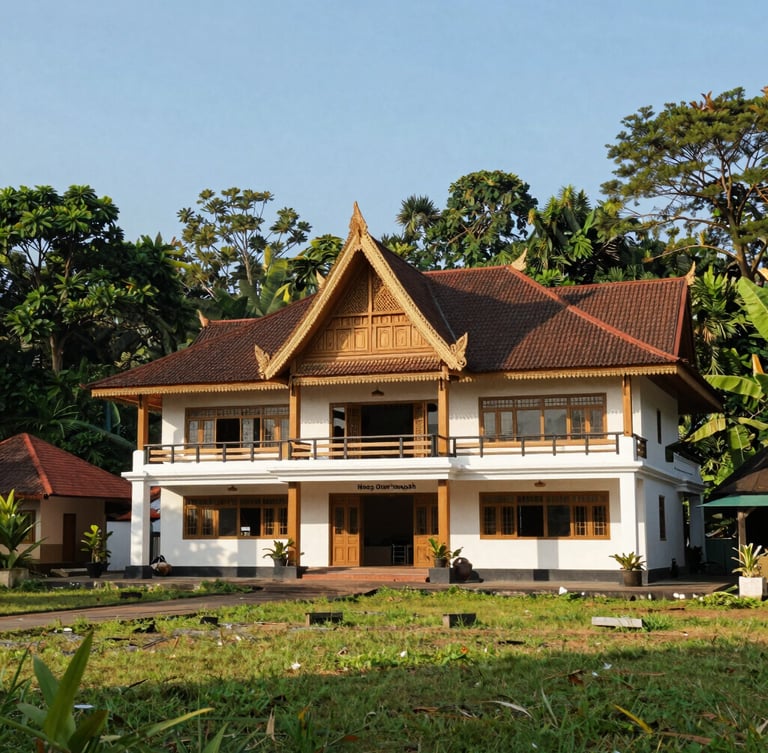 Wide shot of the Nagari Dusun Tangah village office building under clear natural daylight, modern Minangkabau architecture, lush green surroundings, sharp focus, 35mm lens.