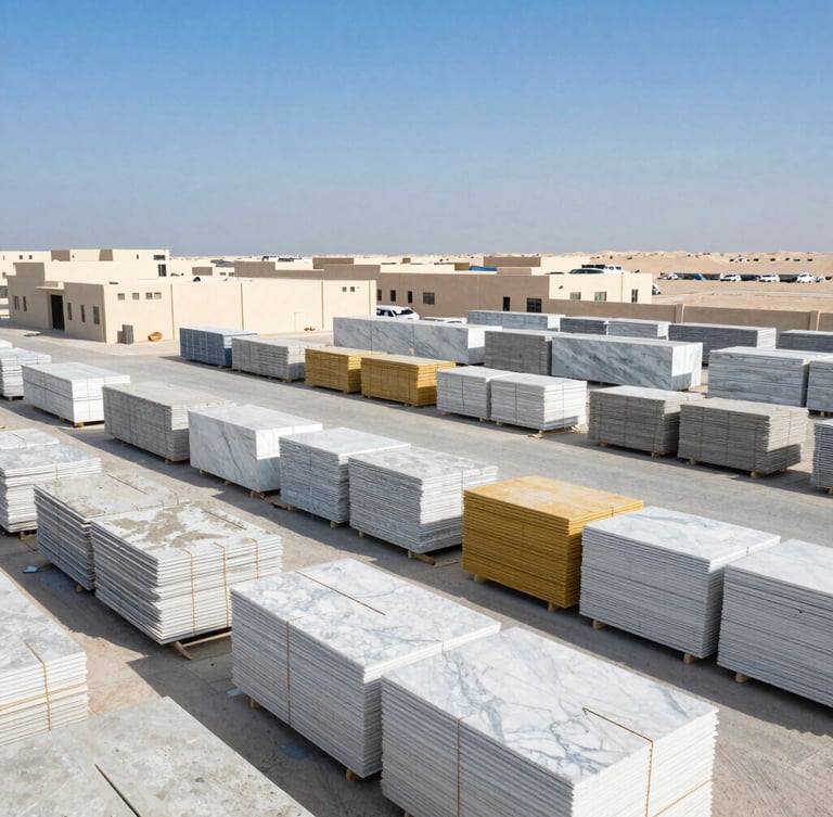 High-angle architectural shot of a massive, clean building materials warehouse in Dubai, organized stacks of marble and cement under bright, even high-key lighting, 35mm
