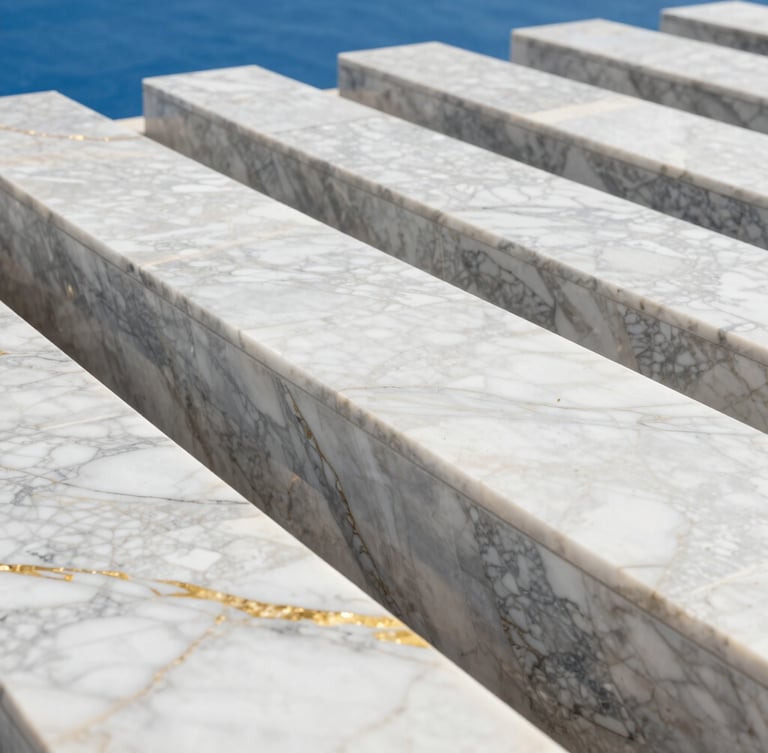 Close-up of polished golden-veined white marble slabs aligned geometrically in a bright, modern showroom, sharp architectural angles, 35mm