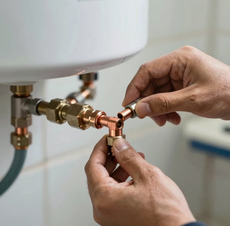Close-up of a technician's hands installing a copper pipe connection on a clean electric water heater, natural daytime lighting, sharp focus on the metallic fittings.