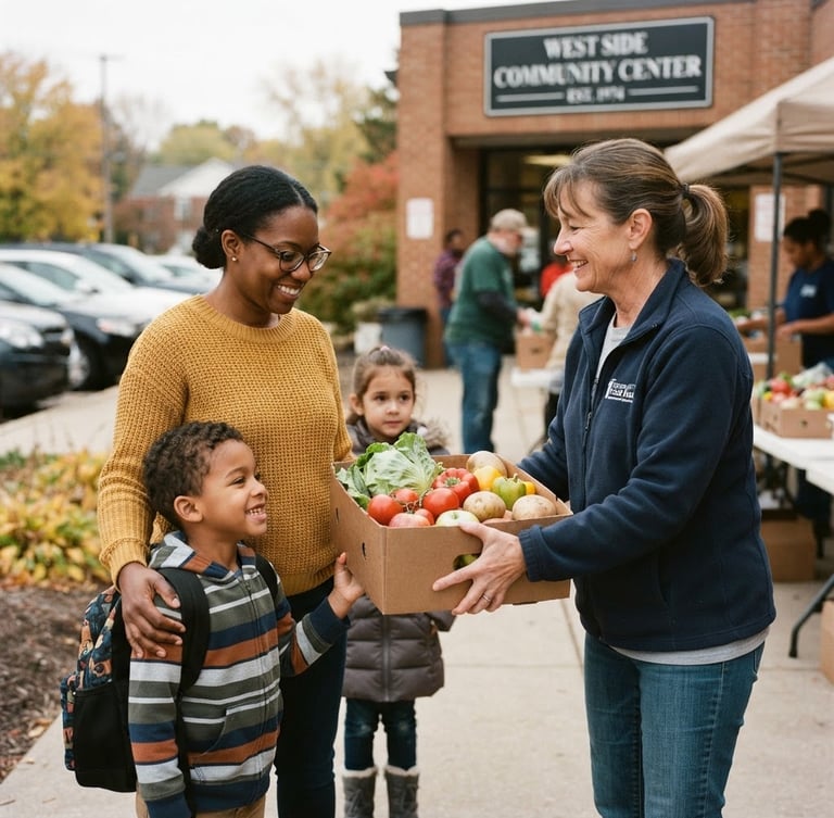 A warm, natural light medium shot of a friendly Midwestern volunteer handing a box of fresh produce to a family outside an Ohio community center, soft overcast daylight.