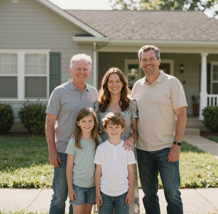 A smiling Ohio family standing together outside their home in a warm, sunlit residential neighborhood, soft authentic color palette, 35mm lens.
