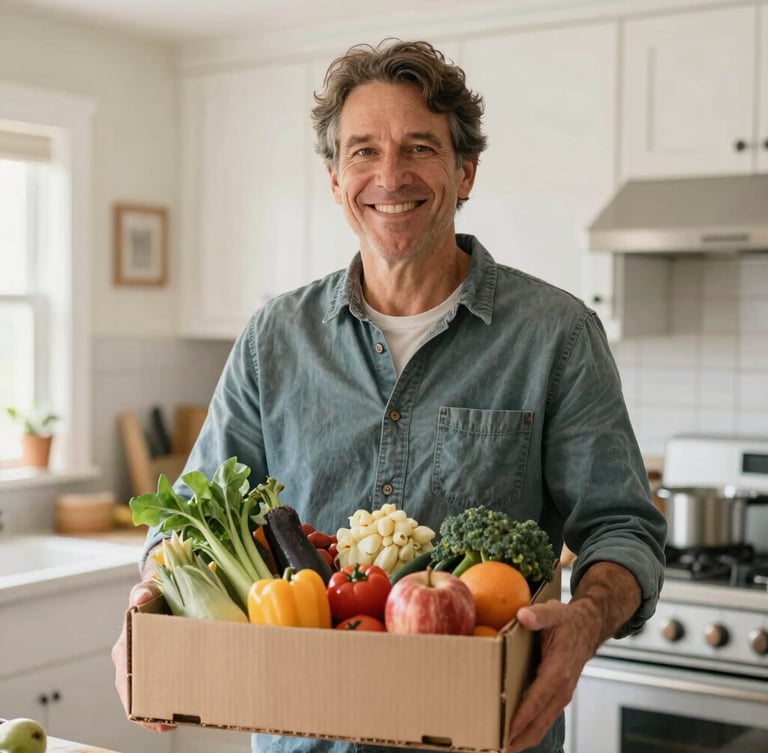 Medium shot of a local Ohio resident smiling warmly in a sunlit kitchen, holding a fresh box of local produce, 35mm lens, shallow depth of field.