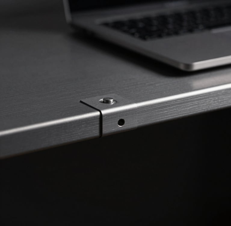 Macro detail shot of a premium anodized aluminum desk shelf, dramatic side-lighting, deep shadows, clean workspace environment, 50mm lens