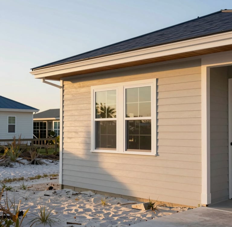 Architectural detail of a newly constructed modern coastal home in Jacksonville, clean lines, warm sand-toned siding, sun-drenched natural lighting