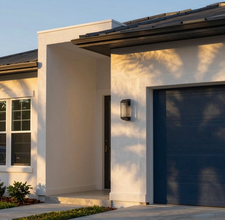 Architectural detail of a modern Florida home facade under warm golden-hour sunlight, clean geometric lines, high-contrast shadows