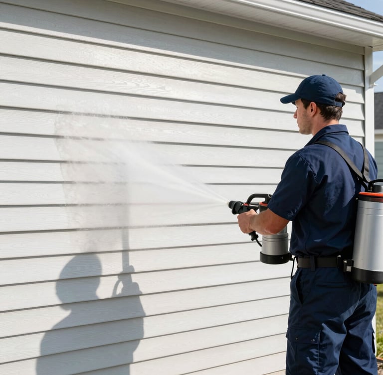 A professional exterior cleaning technician in a clean navy uniform operating a calibrated low-pressure wash system, direct midday sunlight reflecting off pristine light-colored vinyl siding.