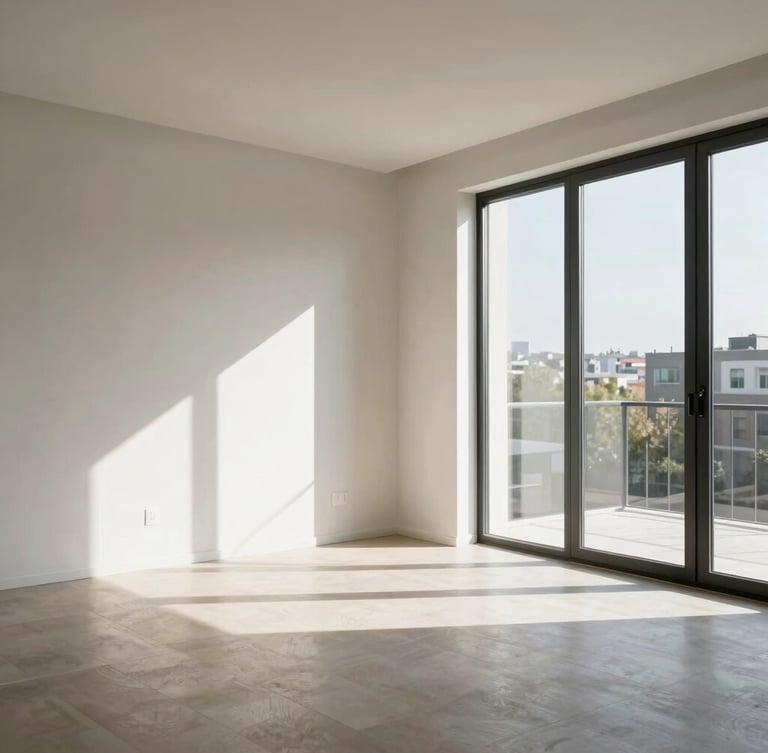 Bright sun-drenched modern apartment interior, natural light streaming through large windows, minimalist design, high contrast shadows