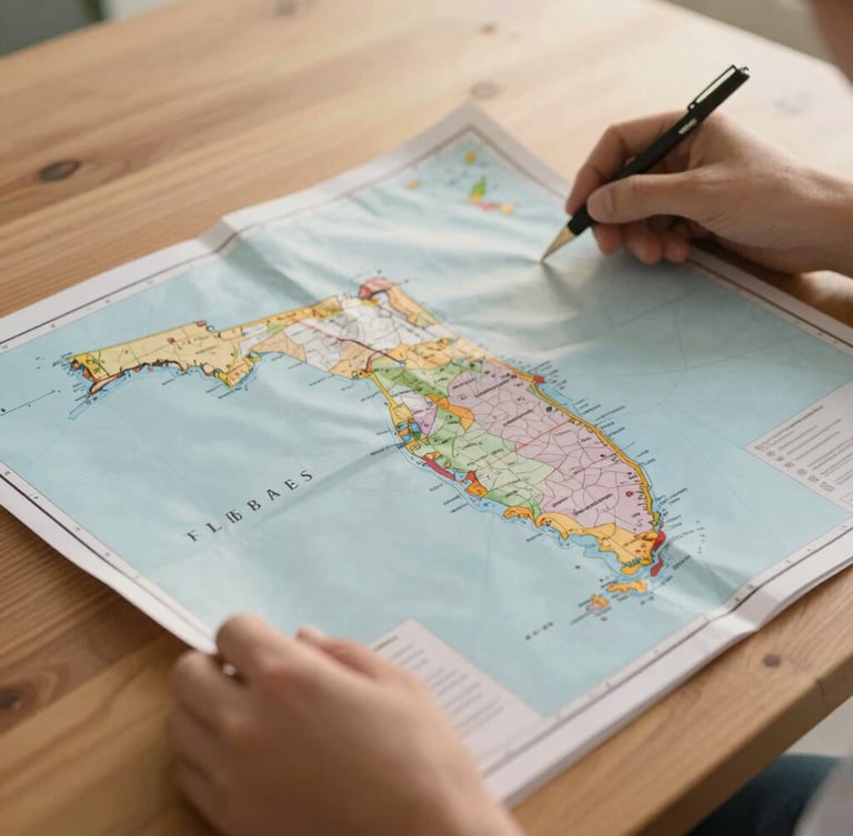 A close-up of hands examining a detailed physical regional tax map of Florida on a wooden table, soft natural light, warm editorial style