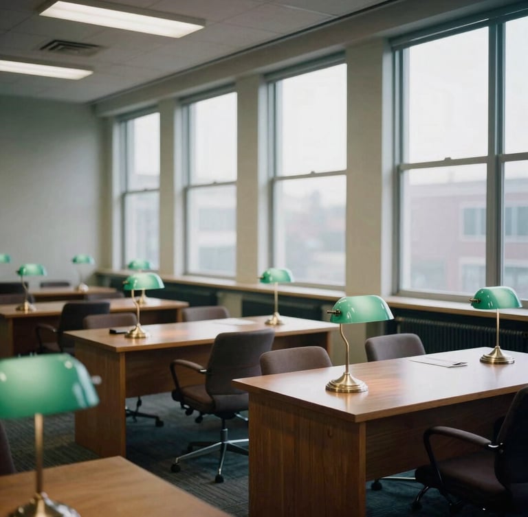 A wide-angle editorial photograph of a quiet, sunlit newsroom archive in Washington, D.C., with rows of oak desks, classic green library lamps, and tall windows letting in soft, overcast daylight, 35mm lens, realistic muted tones.