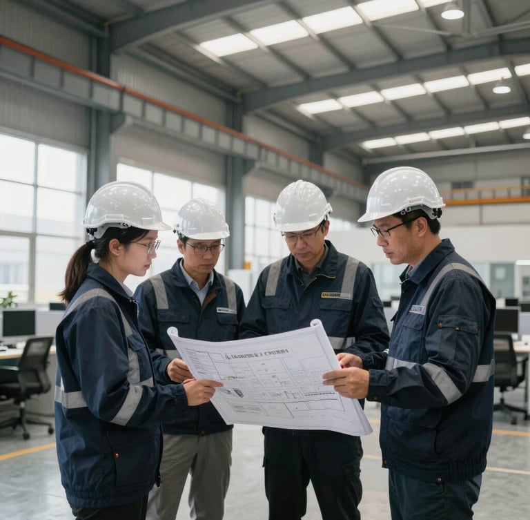 Wide-angle editorial photograph of engineers in safety gear reviewing blueprints in a modern industrial plant, natural daylight, deep navy tones.