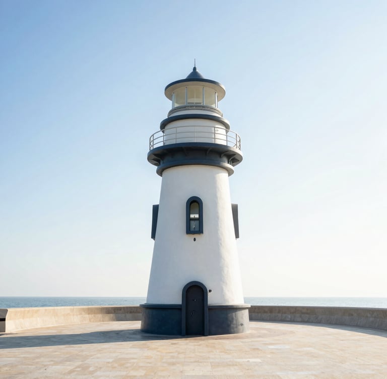 Bright environmental shot of a modern lighthouse on a clean coastal landscape with a clear horizon under crisp morning sun, 35mm photography