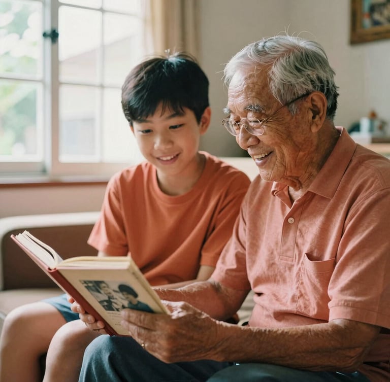 An elderly grandfather smiling warmly while showing an old photo album to his teenage grandson in a cozy Malaysian home, bright natural morning window light, warm terracotta tones, shallow depth of field, 35mm film look