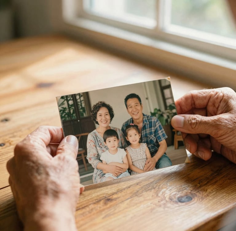 A close-up of warm senior hands holding an old family photograph over a rustic wooden table, soft golden morning light streaming in from a window, shallow depth of field, 35mm film look